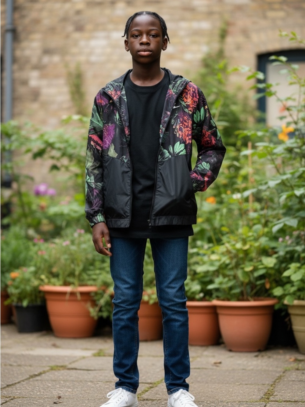 Nike Black Windbreaker Floral Hooded Zip with Green Leaves